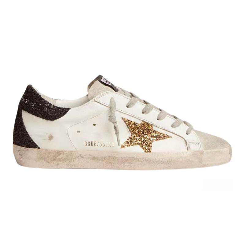 Golden Goose Women’s Super-Star – Nappa Leather, Gold Glitter Star, Black Glitter Heel