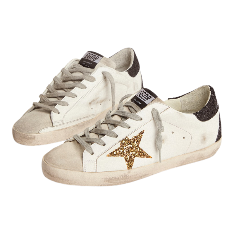 Golden Goose Women’s Super-Star – Nappa Leather, Gold Glitter Star, Black Glitter Heel