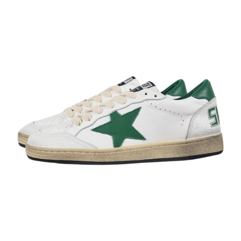 Golden Goose Ball Star White and Green Lace-Up Sneakers