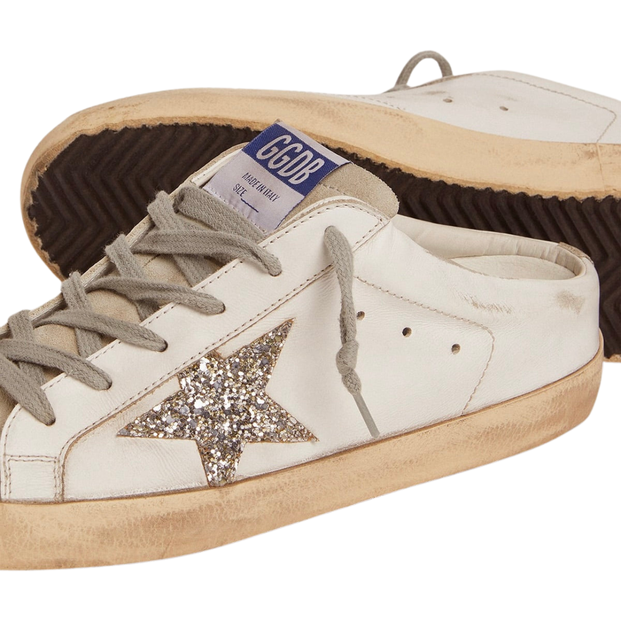 Golden Goose Super-Star Sabot with a platinum glitter star and suede tongue(Women's)