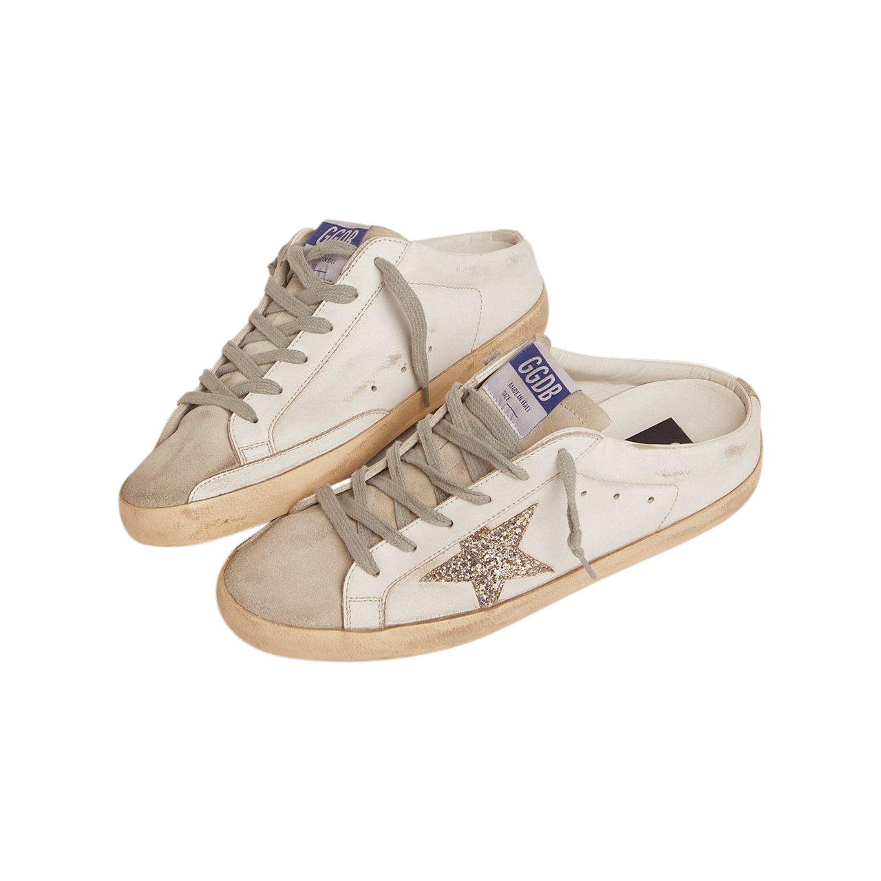 Golden Goose Super-Star Sabot with a platinum glitter star and suede tongue(Women's)