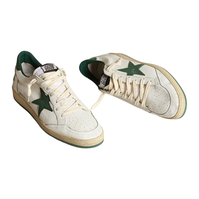 Golden Goose Ball Star White and Green Lace-Up Sneakers