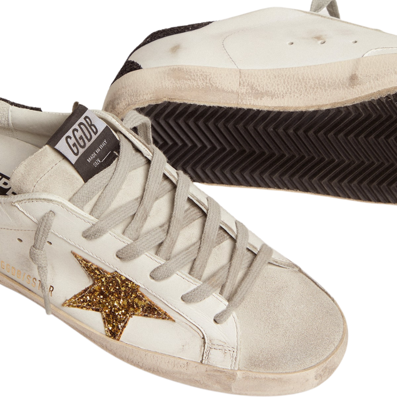 Golden Goose Women’s Super-Star – Nappa Leather, Gold Glitter Star, Black Glitter Heel